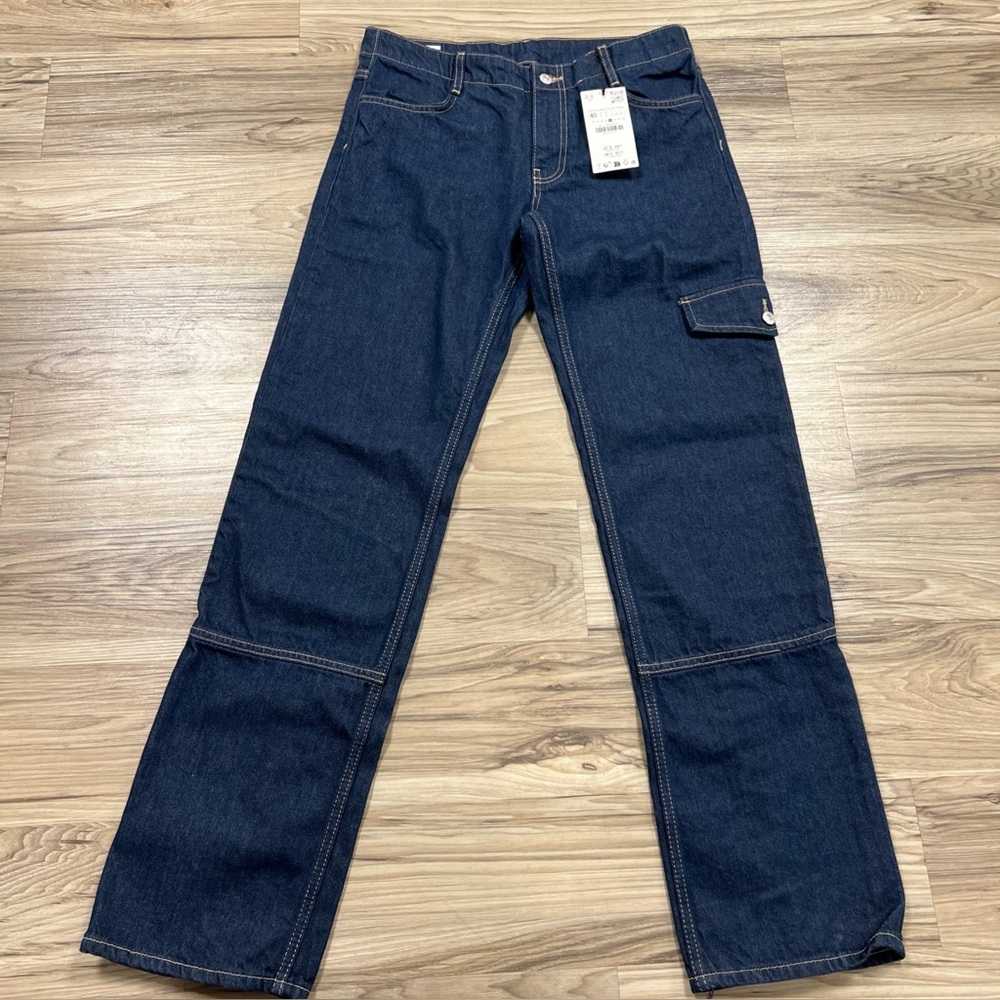 ZARA Cargo Jeans Baggy Straight Leg Dark Wash Flap Pockets Retro Y2K Size 8 $60